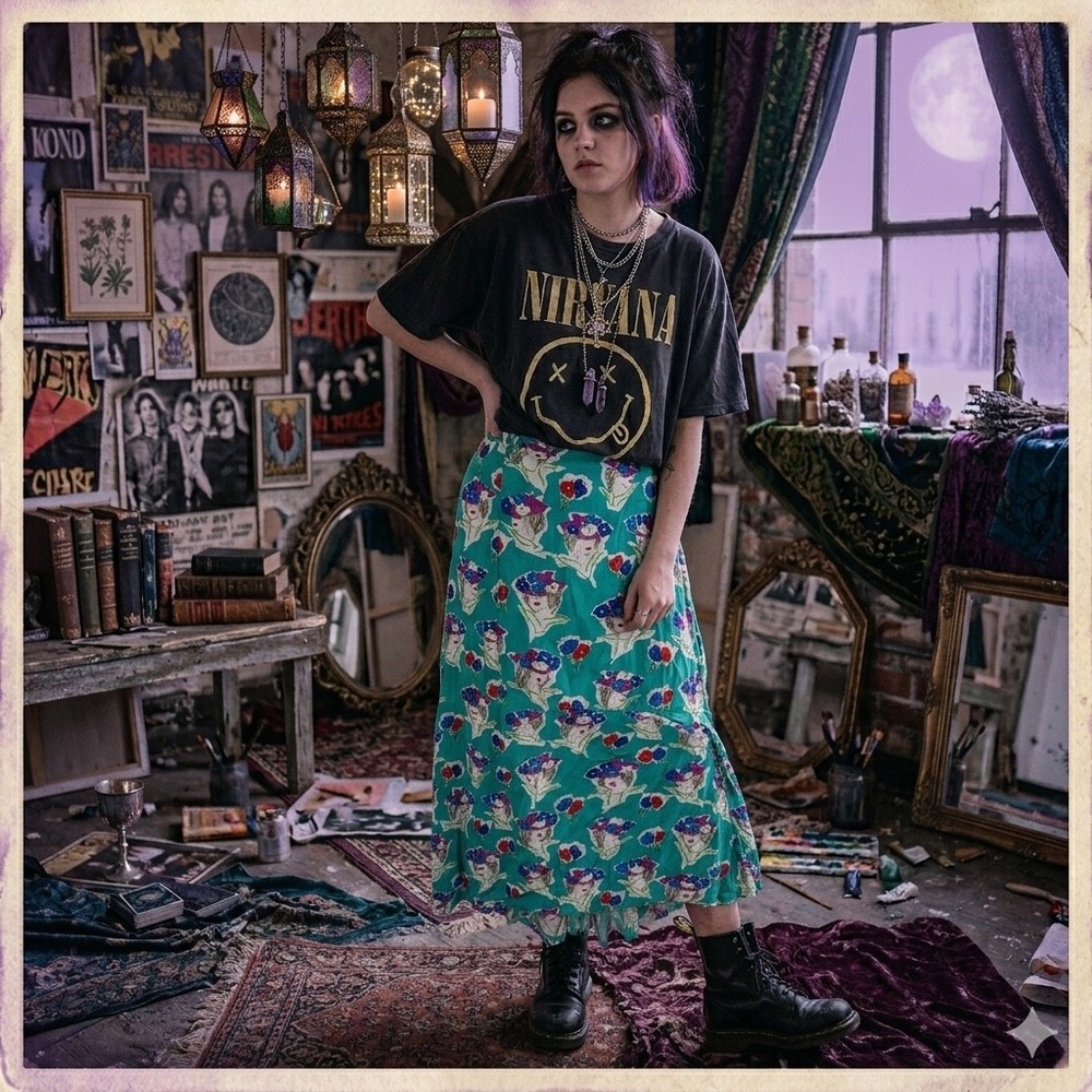 K &‎ Company Vintage Teal Rayon Novelty Print Women Floral Hat Midi Skirt M